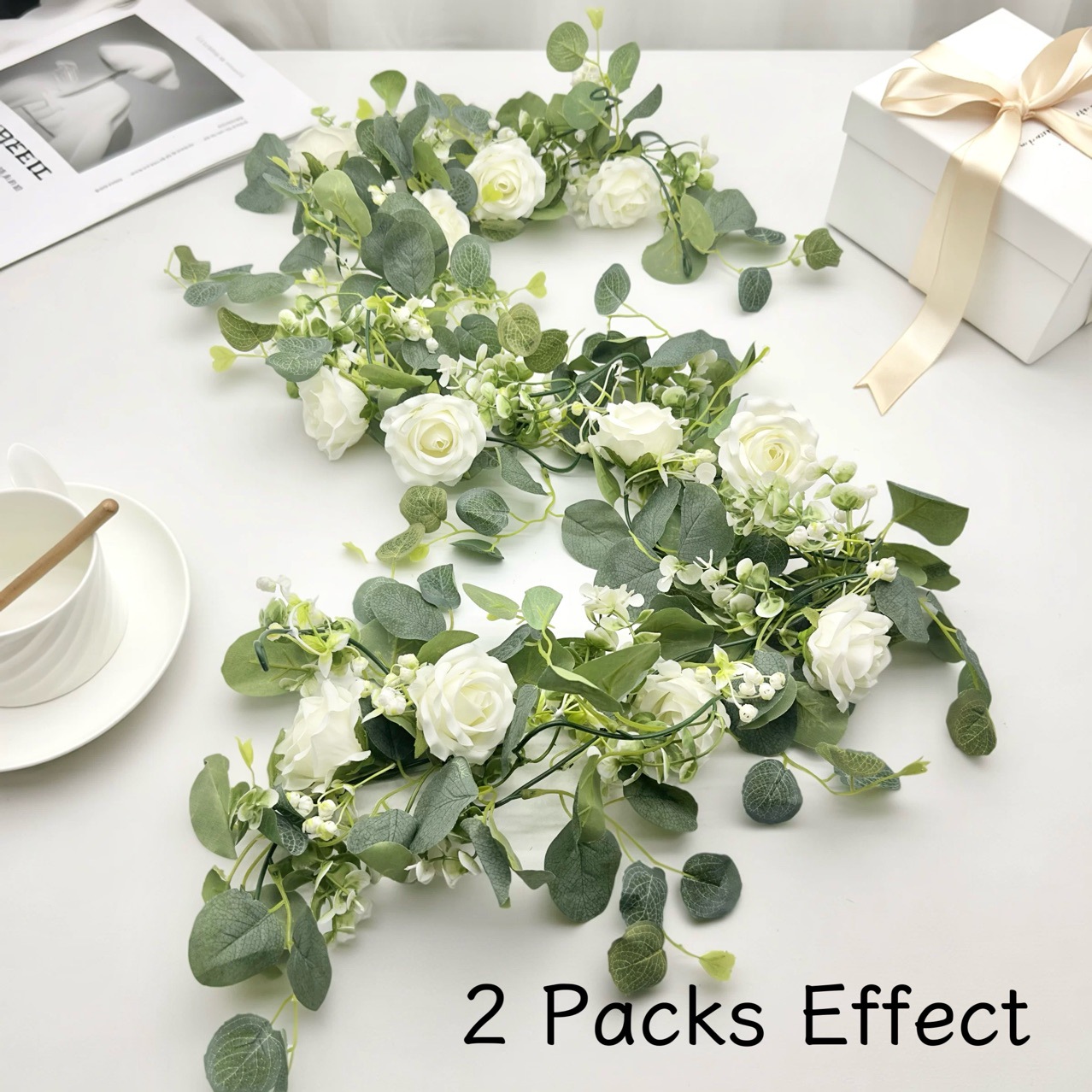 1pc Artificial White Rose Flow - Eucalyptus Preserved 评论和价格